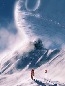 Preview wallpaper man, spaceship, slope, snow, art