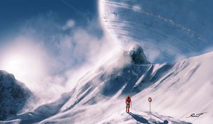 Preview wallpaper man, spaceship, slope, snow, art