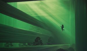 Preview wallpaper man, spacesuit, alone, rays, trees, fantasy, art