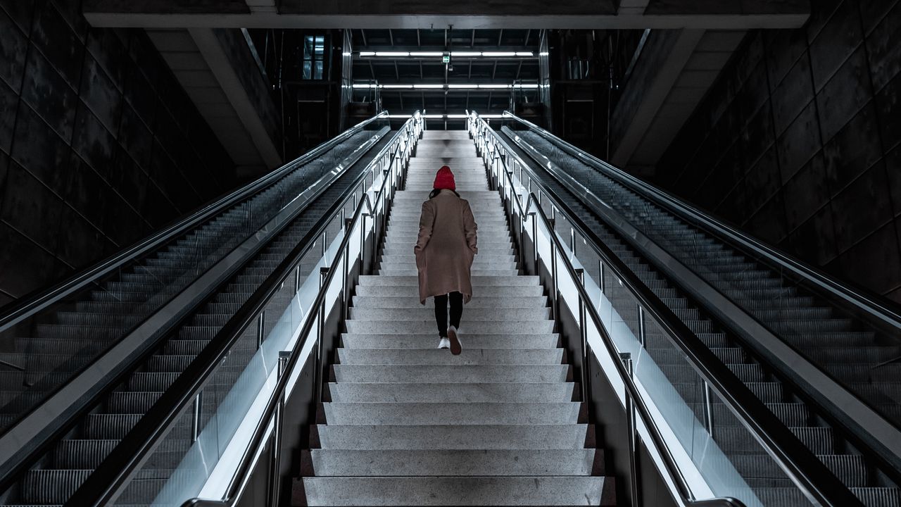 Wallpaper man, stairs, alone, sad, escalator, building, architecture