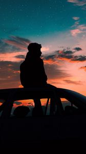 Preview wallpaper man, starry sky, car, solitude, loneliness