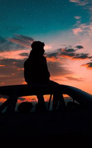 Preview wallpaper man, starry sky, car, solitude, loneliness