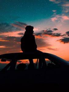 Preview wallpaper man, starry sky, car, solitude, loneliness