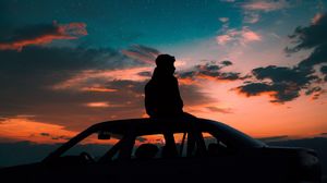 Preview wallpaper man, starry sky, car, solitude, loneliness