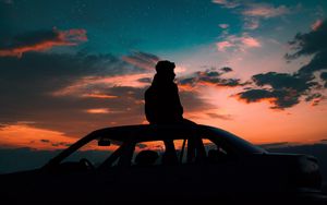 Preview wallpaper man, starry sky, car, solitude, loneliness