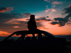 Preview wallpaper man, starry sky, car, solitude, loneliness