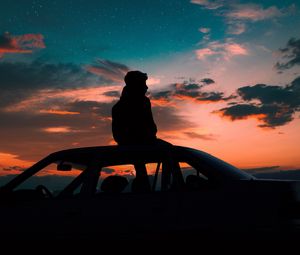 Preview wallpaper man, starry sky, car, solitude, loneliness