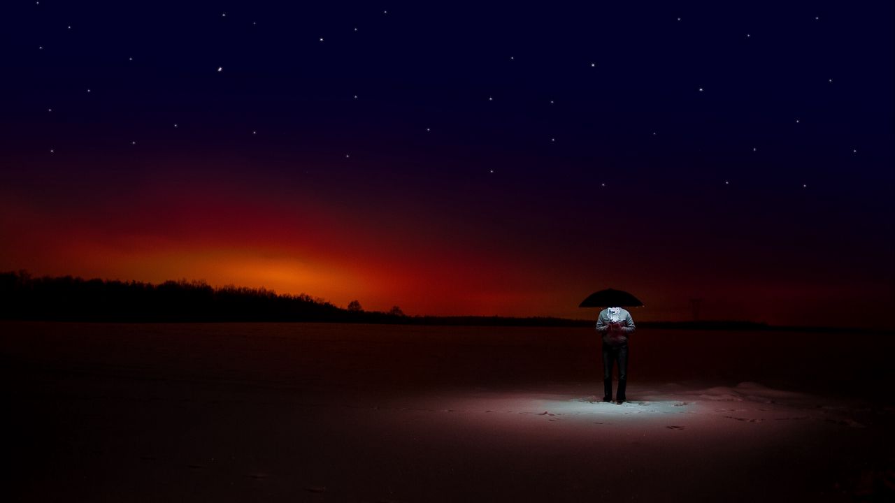 Wallpaper man, starry sky, umbrella, night, horizon, loneliness
