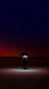 Preview wallpaper man, starry sky, umbrella, night, horizon, loneliness