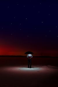 Preview wallpaper man, starry sky, umbrella, night, horizon, loneliness
