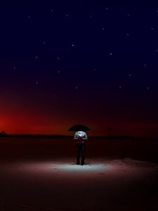 Preview wallpaper man, starry sky, umbrella, night, horizon, loneliness