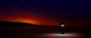 Preview wallpaper man, starry sky, umbrella, night, horizon, loneliness