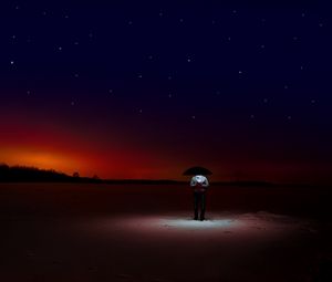 Preview wallpaper man, starry sky, umbrella, night, horizon, loneliness