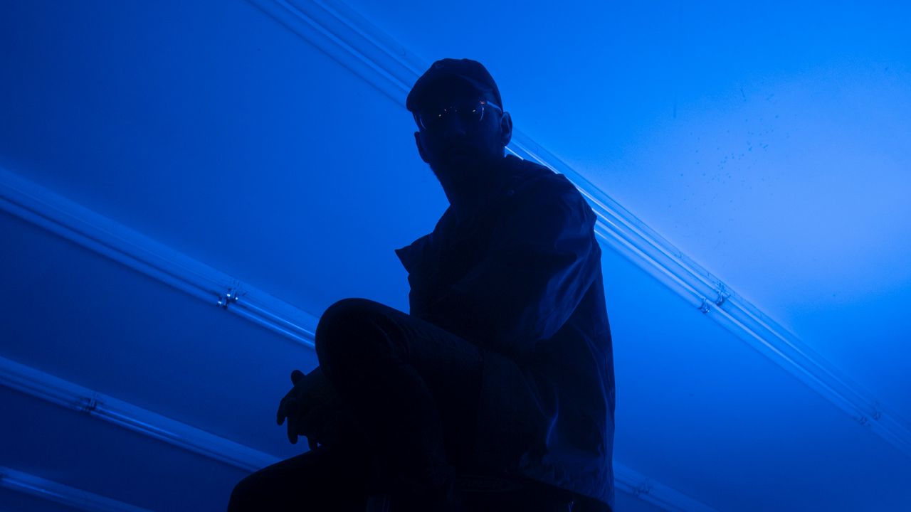 Wallpaper man, stepladder, dark, neon, blue