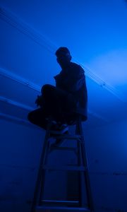 Preview wallpaper man, stepladder, dark, neon, blue