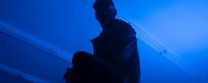 Preview wallpaper man, stepladder, dark, neon, blue
