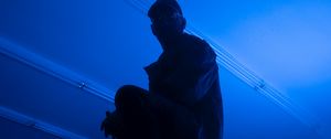 Preview wallpaper man, stepladder, dark, neon, blue