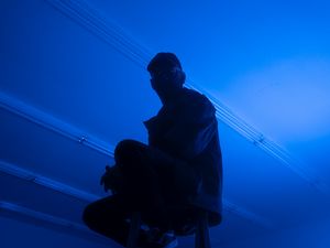 Preview wallpaper man, stepladder, dark, neon, blue