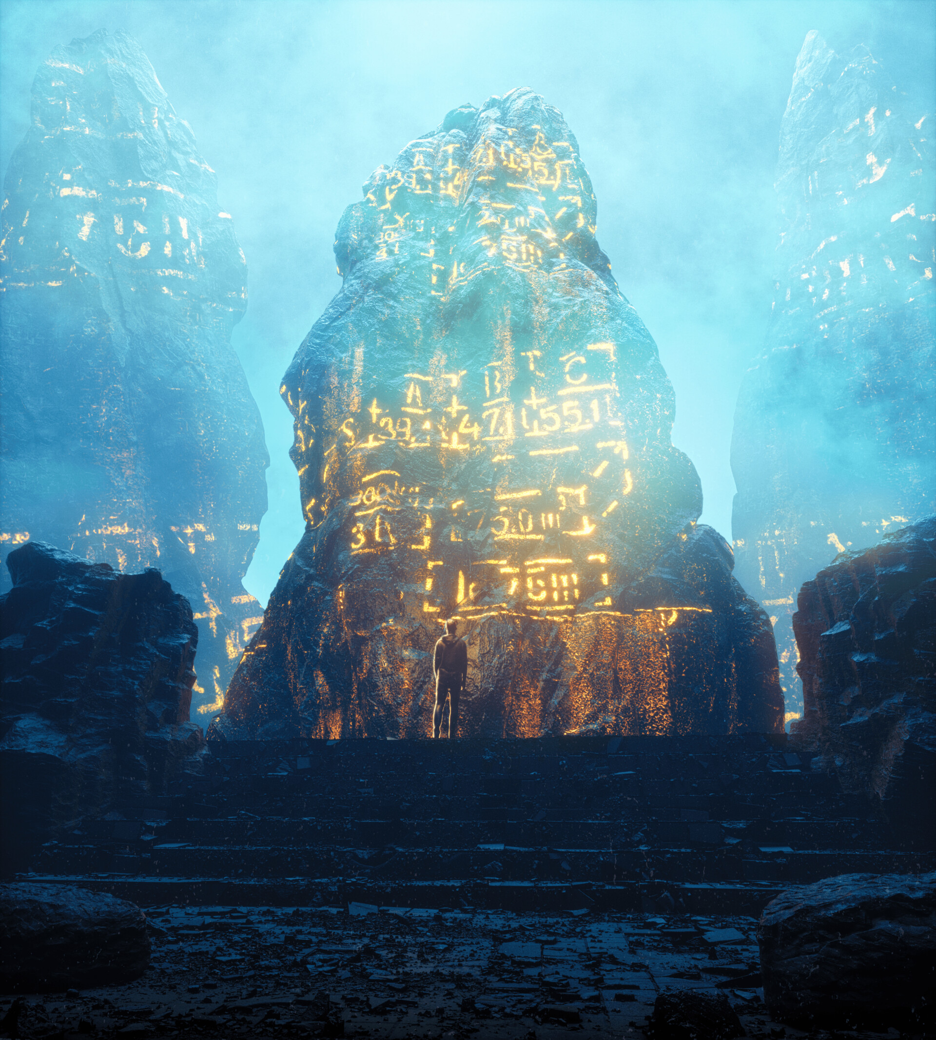 Download wallpaper 1920x2133 man, stone, inscriptions, glow, fantasy