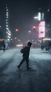 Preview wallpaper man, street, night, snow