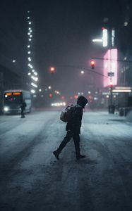Preview wallpaper man, street, night, snow