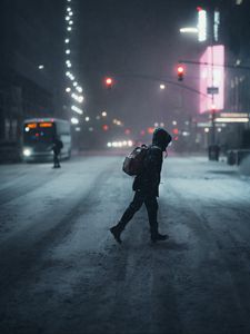 Preview wallpaper man, street, night, snow