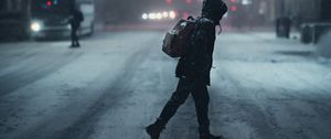 Preview wallpaper man, street, night, snow