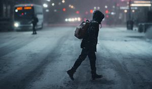 Preview wallpaper man, street, night, snow