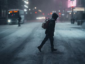 Preview wallpaper man, street, night, snow