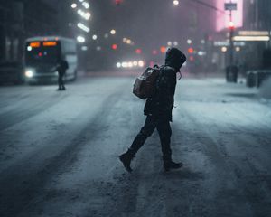 Preview wallpaper man, street, night, snow