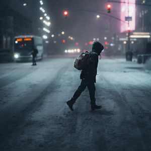 Preview wallpaper man, street, night, snow