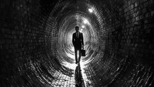 Preview wallpaper man, suit, tunnel, black and white