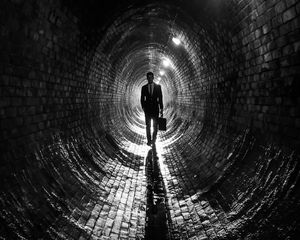 Preview wallpaper man, suit, tunnel, black and white