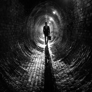 Preview wallpaper man, suit, tunnel, black and white