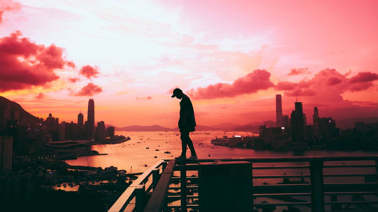 Wallpaper man, sunset, sky, city
