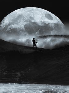 Preview wallpaper man, surfing, ocean, waves, moon, black and white