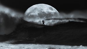 Preview wallpaper man, surfing, ocean, waves, moon, black and white