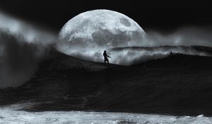 Preview wallpaper man, surfing, ocean, waves, moon, black and white