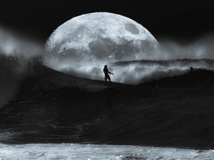 Preview wallpaper man, surfing, ocean, waves, moon, black and white