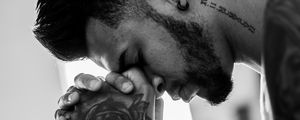 Preview wallpaper man, tattoo, prayer, bw