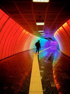 Preview wallpaper man, tunnel, backlight, colorful, rainbow