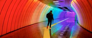 Preview wallpaper man, tunnel, backlight, colorful, rainbow