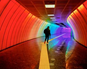 Preview wallpaper man, tunnel, backlight, colorful, rainbow