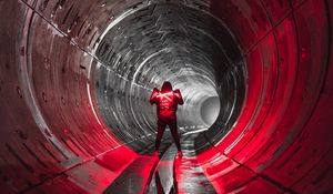 Preview wallpaper man, tunnel, neon, lamp, glow, dark