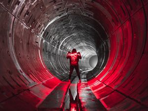 Preview wallpaper man, tunnel, neon, lamp, glow, dark