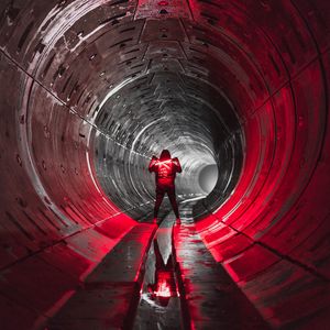 Preview wallpaper man, tunnel, neon, lamp, glow, dark
