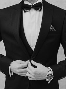 Preview wallpaper man, tuxedo, bw, suit, watch, groom