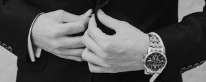 Preview wallpaper man, tuxedo, bw, suit, watch, groom