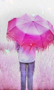 Preview wallpaper man, umbrella, glitch, stripes, drips, pink