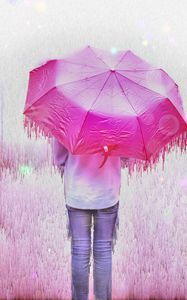 Preview wallpaper man, umbrella, glitch, stripes, drips, pink